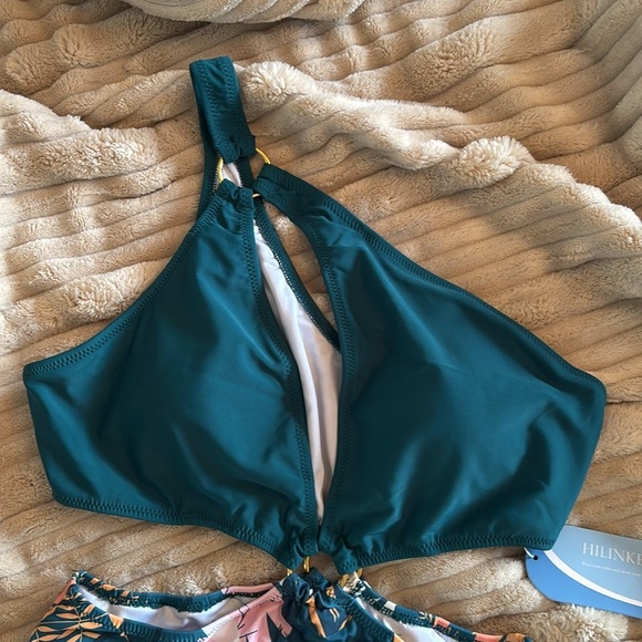 Brand New One Shoulder Swimsuit O-Ring Waist Bra Cup Green Tropical High Waist - Picture 5 of 14